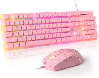 GT838 Gaming Keyboard and Mouse Combo, 104 Keys RGB Backlit Quiet Wired Keyboards for Laptop PC MAC, with Number Pad, Metal Panel, Anti-Ghosting, Pink